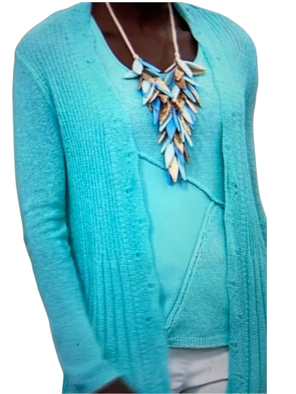 Nina Leonard Knit Long Cardigan With Uneven Hi Low Hem & Tank Robins Egg Blue M